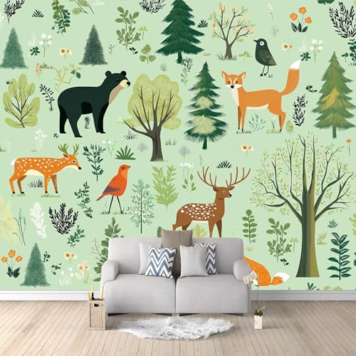 Papier Peint Intissé Dessin Animé Animaux De La Forêt Ours Cerf Renard 200 x 140 cm Papier Peint Photo Panoramique, Poster Mural Personnalisé 3D, pour Salon Cuisines Chambre Adulte Enfant Décor Murale
