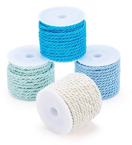 Spritewelry Cordoncini intrecciati in poliestere da 3 mm, 4 rotoli di corde intrecciate intrecciate per artigianato, macramè, corda decorativa blu bianca per tende, fermatenda da appendere