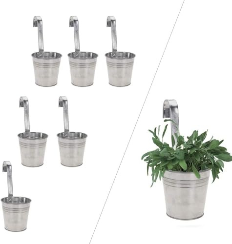 Riyashop 6er Set Silber Blumentopf hängend - Hängetopf - Pflanztopf - Übertopf - Hängeblumentopf - Blumenübertopf Zink - Ø 9/13 cm - B/H/T ca. 13 x 28 x 24 cm - mit abnehmbaren Haken