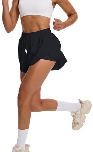 tanzdunsje Laufshorts Damen kurz Sportshorts 2 in 1,Tennis Gym Fitness RunningShorts mit 2 Taschen, Damen Schwarze Shorts Workout Sportrock Elastischer Bund, mit Innenfutter (XL, Schwarz)