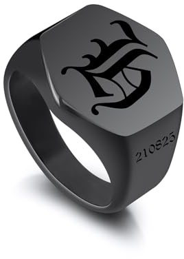 INBLUE Personalisierte Siegelringe mit Initialen für Männer Frauen Edelstahl/18 Karat Vergoldet Schwarz Individuell Gravierter Namensring Geschenke für Vater Ehemann Freund (Größe 60, Hexagon Schwarz)