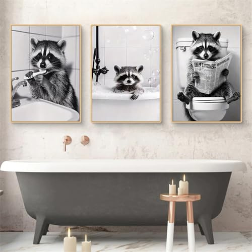 Uixxducc 3er Schwarz-Weiß Raccoon Badezimmer Dekor Bilder Set, Minimalist Tiere in der Badewanne Poster Set, Lustige Waschbär Wandbilder Wohnzimmer Bad Wanddekoration, Ohne Rahmen (30x40cm,B)