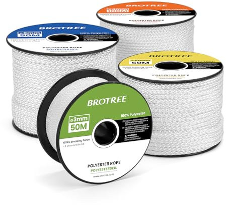 Brotree Corda Intrecciata in Poliestere 3mm x 30m Bianca in Bobina per Multiuso Giardino e Fai da te - 100 KG Carico di Rottura