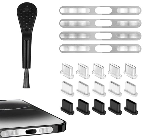 RHQFDM Smartphone dammskydd set, USB-C skyddskåpa + högtalare skydd | stänksäker, återanvändbar, med mini rengöringsborstar, för iPhone/Samsung/Xiaomi (svart)