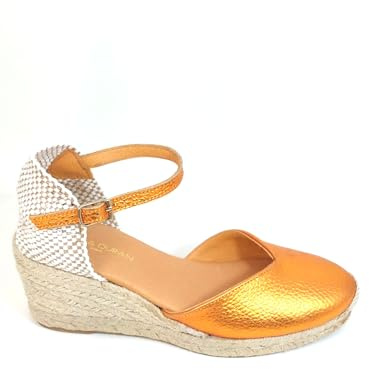 CLARA DURAN SPAIN Valenciana de Piel Laminada Bronce con Cuña de Yute, plantilla de gel y hebilla ajustable (Naranja, Sistema tallas calzado EU, Adulto, Mujer, Números, mediano, 40)