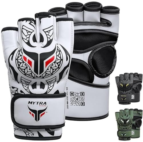 Guantes MMA Hombre y Mujer — Diseño de Palma Abierta Transpirable guantillas MMA Sparring con Soporte de Muñeca para Kickboxing, Muay Thai, Pelea en Jaula, MMA y Artes Marciales (Blanco, S/M)