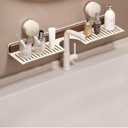 Mensola con ventosa, in noce, per bagno e cucina, organizer per rubinetto, montaggio a parete, senza foratura, accessorio rimovibile (bianco, 50 cm)