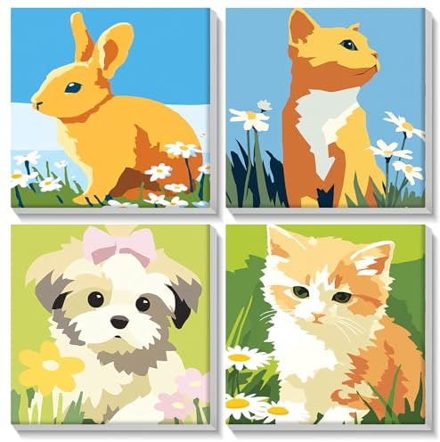 KEYIFA 4 Pack Paint by Numbers Kits for Adults Beginners Animals, Paint by Numbers Framed on Canvas，DIY Craft Art Painting Kits for Children，Animals Oil Painting Kits Home Wall Decor 8x8Inch