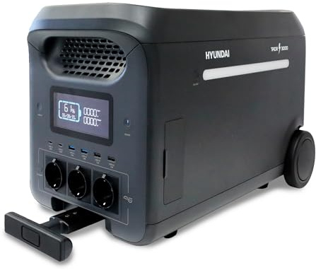 HYUNDAI Estación de Energía Portátil 3000W con Carga Rápida 1,7h - Power Station con App y Batería Expandible - Generador Solar con SAI para Emergencias - Batería LiFePO4 Robusta y Silenciosa