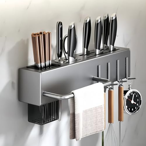 Melairy Soporte para cuchillos de cocina organizador de utensilios de pared con ranura para tijeras fácil de limpiar ahorra espacio con 4 Ganchos deslizantes (30 cm)