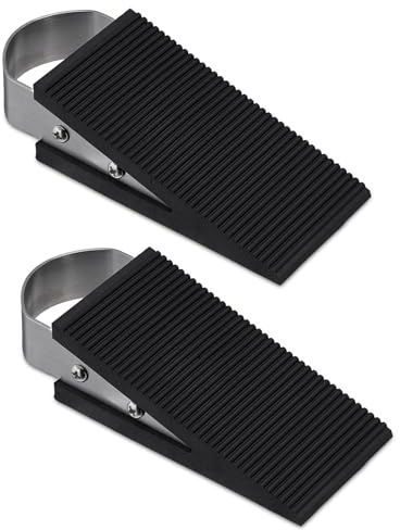 Cale Porte Souple,2 PCS Bloque Porte Sol avec Poignée en Acier Inoxydable Butoir de porte en Forme de Coin Noir Résistants Antidérapante Caoutchouc Cale Porte au Sol pour Maison L'hôtel et Bureau