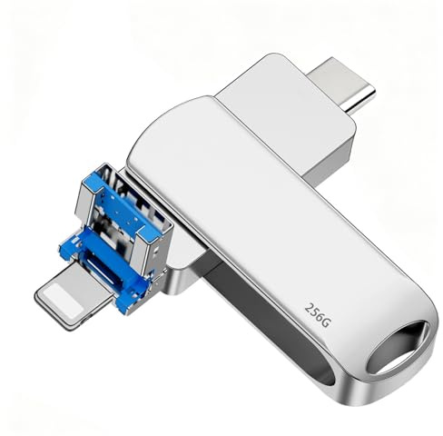 256GB Chiavetta USB per iphone, 3-in-1 Pendrive USB 3.0, Pen Drive con Lightning USB-C USB-A, Custodia in Metallo Impermeabile 360° Rotazione, Memoria Esterna per iPhone iPad Android MacBook Windows