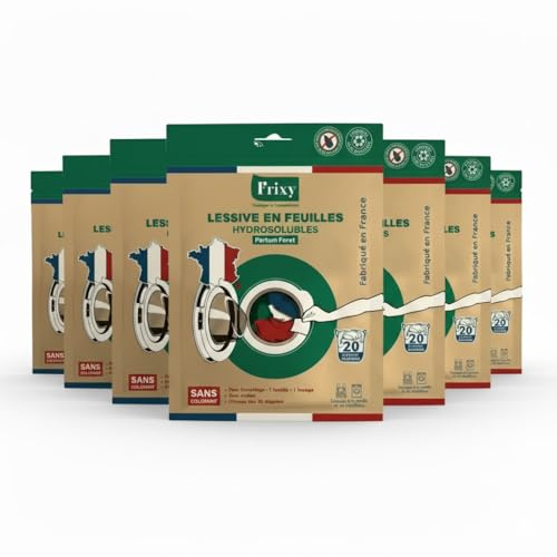 FRIXY - LESSIVE EN FEUILLES - Pack de 7 sachets (soit 140 feuilles) - Fabriquée en FRANCE - Pré-dosée (1 feuille = 1 lessive) - 100% hydrosoluble - Facile à utiliser et ranger