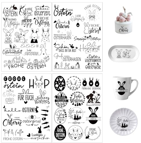 4 Stück Rub On Sticker Ostern Transferaufkleber Selbstklebend Frohe Ostern Sticker Rub Ons Sprüche Ostereier Osterhasen Aufkleber Rub On Folie Frühling für Scrapbooking Glas Holz Möbel Keramik