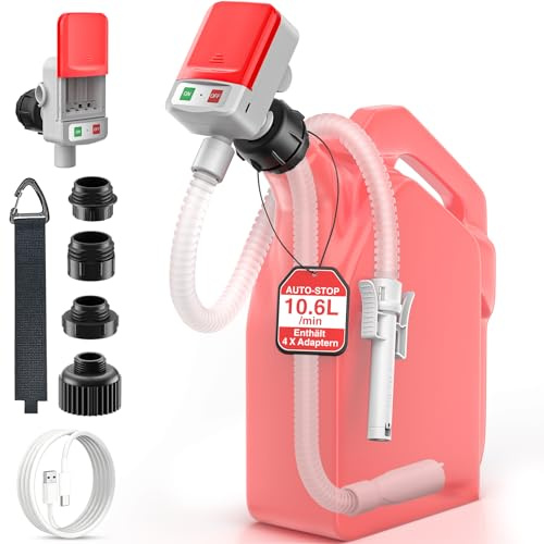 GZOKMOG Kraftstoffpumpe mit Auto-Stopp-Sensor,10,6L/min Benzinpumpe Elektrische für Kanister mit 4 Schlauchadaptern für Diesel,Öl & Benzin,Betrieb über USB oder 4 AA-Batter(Nicht Enthalten)