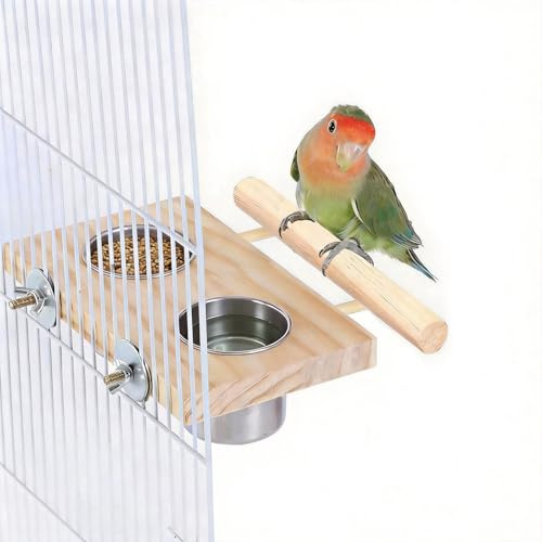 ZhouWei Edelstahl Vogelfütterungsschale für Papageie mit Holz Sitzstange | Hanging Vogelfutter Tassen Wellensittich Futternapf Sitzstangen Wellensittiche Zubehör Multifunktionaler Futter, Kleine Vögel