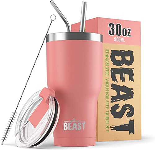 Beast Tumbler - 900 ml (30 oz), Blossom Pink | Reusable Stainless Steel, Vacuum Insulated Cup | with + 2 Straws & Cleaning Brush | Double Wall Travel Flask Perfect for Hot or Iced Coffee | BPA Free