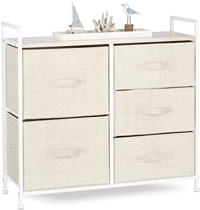 Relaxdays hyllsystem, byrå, stående hylla med 5 lådor, H x B x D 77,5 x 83 x 29 cm, metall och trä, beige