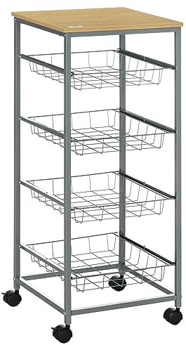 HOMCOM Carrello da Cucina Salvaspazio, Carrello in Acciaio e Legno, Cucina e Sala da Pranzo, con Ruote, 4 Cesti, Fino a 20 Kg, 36.5 × 36.5 × 89cm
