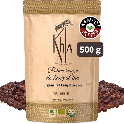 Khla - Poivre Rouge de Kampot Bio 500 g - Sachet Vrac Poivre en Grains - Recharge Moulin - Grand Cru, Doux & Fruité - Ingrédient Cuisine - Direct Producteur - Épice Asie - Origine Cambodge