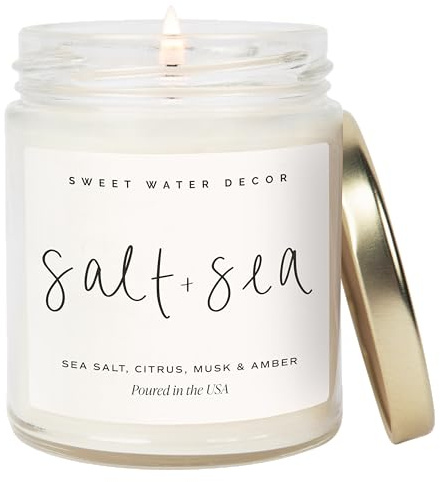 Sweet Water Decor Salt and Sea Candle - Sea Salt, Citrus, Amber, Musk, Beach Scented Soy Candles for Home - Coastal Decor for Beach Lovers - 9oz Clear Jar, 40 Hour Burn Time, Made in The USA