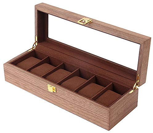 LJJ Edle Uhrenbox aus Echtholz für 6 Uhren mit Glasfenster und Samt Futter Uhrenbox,B