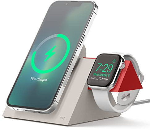 elago MS5 Duo Ladestation Kompatibel mit MagSafe Ladegerät,Kompatibel mit iPhone 17/16/15/14/13/12 Serie, Kompatibel mit Apple Watch Allen Serie [Ladegerät Nicht enthalten] (Taupe/Rot)