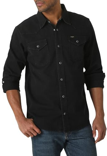Wrangler Men's Iconic Regular Fit Snap Shirt Button, Black Denim, XL