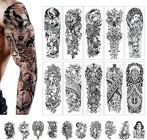 20 Blatt temporäre Tattoos für Herren, CAYUDEN 10 Stück Aufkleber für Tattoos Vollarm + 10 Stück Halbarm Kit Tattoo Rosen Männer Frauen Tattoos Beine Make-up temporäre Partys