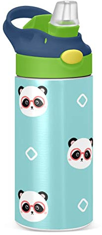 Mnsruu Panda mit Brille Wasserflasche isoliert für die Schule, Edelstahl Wasserflasche mit Strohhalm für Mädchen Jungen, 20 Unzen