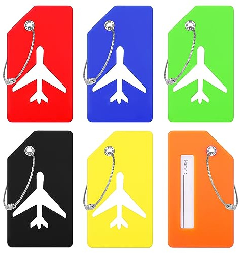 6 PCS Luggage Tags Silicone Suitcase Tags with Steel Loop Luggage Labels with Name ID Address Card, Waterproof Baggage Labels for Travel Bag Quickly Spot Luggage (9 x 4 cm, 6 Colours)