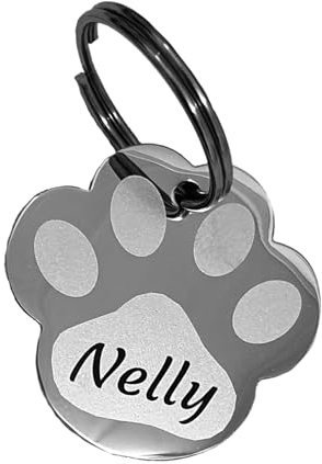 Hundemarke aus Edelstahl in Pfotenform mit Gravur Personalisiert - Tiermarke Hund, Katze, Welpen, 3 Größen, 6 Farben (L 40mm X 37mm, Silber)