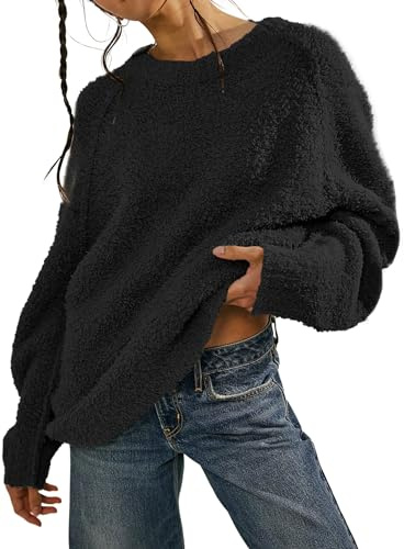 Women's Crew Neck Oversized Sweaters 2025 Fall Batwing Sleeve Pullover Tunic Sweater 6108 Black S