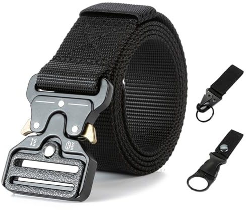 Techson Taktischer Gürtel für Herren, 3,8 cm, Nylon, Militärstil, verstellbarer Gürtel mit Schnellverschluss-Metallschnalle, Outdoor-Arbeitsgürtel für Wandern, Jagd, Training, Schwarz , 49