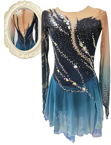JRUIA Eiskunstlauf Kleid Für Damen Eislaufbekleidung Für Mädchen Dunkelblaues Halo Färben Elastizität Professionelle Wettkampf Skating Bekleidung Kristall Warmes Langarmshirt,Blau,S
