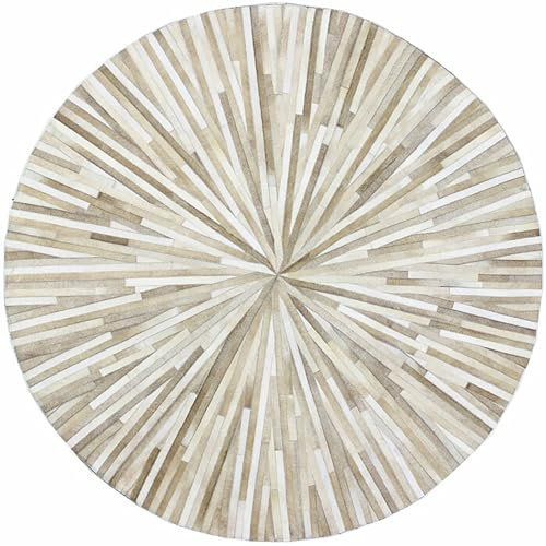 ELYSSIA DECOR HOME Tappeto rotondo in pelle bovina di alta qualità, fatto a mano, motivo a righe, 9 x 9 m, beige, tappeto per casa di alta qualità, fatto a mano, per soggiorno, camera da letto e