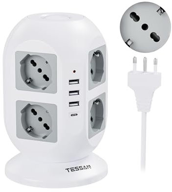 TESSAN Ciabatta Multipresa 8 Schuko 16A con 4 USB, Torretta Multipresa con Interruttore e Prolunga Elettrica 2 Metri, 20W Ricarica rapida per Phone, Pad, Adattatore Itailne per Ufficio, Casa, Grigio