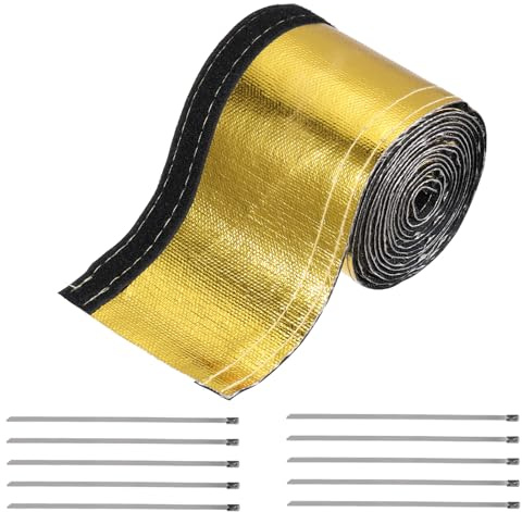 sourcing map Heat Shroud Sleeve Aluminized Gold Sleeving 15mm 3/5 Inch ID x 300cm 10FT Heat Cable Sleeving for Hose Wire Heat Protection with Hook&Loop,10PCS Stainless Steel Ties
