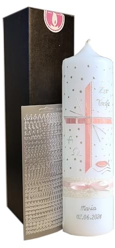 TAUFKERZE, KOMMUNIONKERZE, Mädchen, Kreuz Rosa, 250/70 mm, mit Zubehör zum selbstbeschriften und Aufbewahrungskarton - Handarbeit, Wachsmotiv