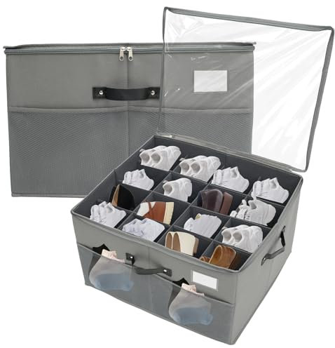 Scatola portaoggetti per armadio, per 16 paia di scarpe, con coperchi trasparenti e 2 tasche in rete, pieghevoli, con divisori regolabili per armadio (grigio)