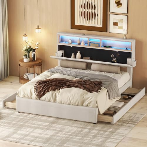 Ctastay Doppelbett Polsterbett 140x200 cm mit USB- Aufladung, Bett Jugendbett Gästebett mit 4 Stauraum Schubladen & LED-Beleuchtung, Familienbett Bettgestell mit Lattenrost, Beige (Ohne Matratze)