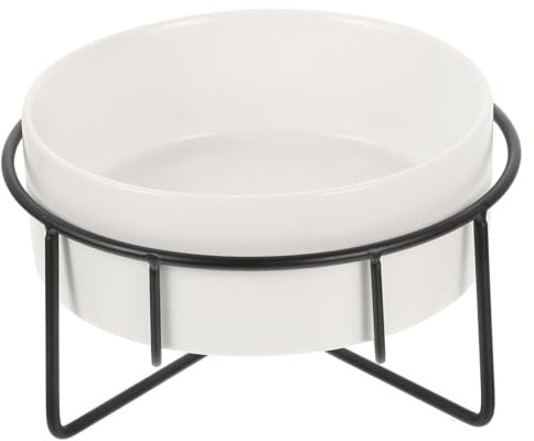 SEWOART Gamelle Surélevée pour Chats Et Chiens Support Métallique en Fer Noir, Bol en Céramique Blanc 400 ML, Taille 13 Cm, Mangeoire De Protection du Cou pour Animaux De Compagnie