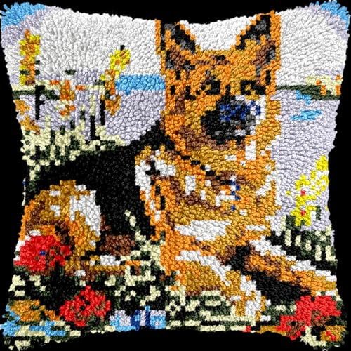 Diy Kit Crochet Principiantes Kits De Ganchillo Para Hacer Almohadones Con Patrón Preimpreso, Kits De Costura Con Gancho De Pestillo Para Animales De Pastor Alemán, Alfombras De Bricolaje 17x17in