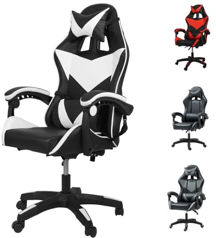 Gaming Chair Ergonomic Drafting Chair Tall Office Chair with Lumbar Support and Adjustable Footrest Headrest Height-Adjustable and Adjustable Reclining (Gaming Chiar without footrest, Black+White)
