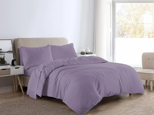 KARKARM Plain Dye Flannelette Duvet Cover Sets Double Lilac 100% Brushed Cotton Flannel Duvet Cover and Pillowcases Set Reversible Thermal Winter Comforter Covers Bedding Quilt Sets