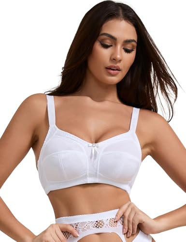 ohmydear Women's Non Wired Full Coverage Bras Non Padded Everyday Ladies T-Shirt Bra Wide Straps Plus Size Soft Cup Comfort Bralette Large Bust, 44C White