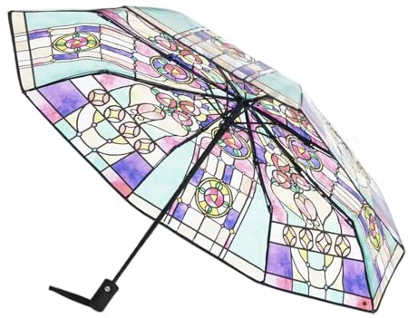 Yaztauho Stained Glass Umbrella, Vintage gebeizter automatischer Regenschirm, Regenschirm Aus Handbemaltem Glas, Handbemalte transparente Regenschirme mit acht Glasfaserrahmen für Frauen