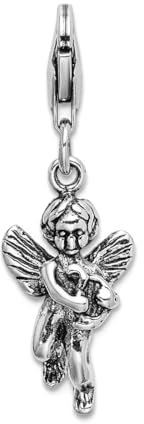 Halskette aus 925er Sterlingsilber, poliert, ausgefallener Karabinerverschluss, religiöser 3D-Schutzengel und Harfe mit Karabinerverschluss, Maße: 27 x 9 mm, Schmuck für Damen, One Size, Metall Silber