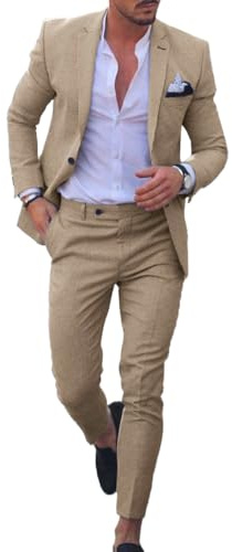 Conjunto de traje de lino para hombre, esmoquin casual, 2 piezas, blazer de ajuste regular, chaqueta y pantalones sólidos con un botón, para graduación, boda, fiesta