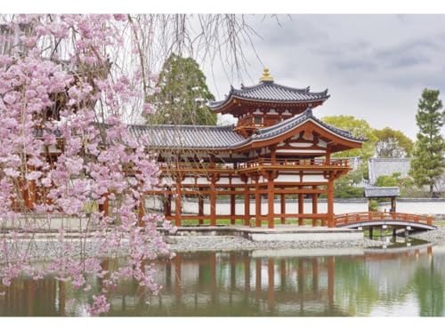 Xiaoterna 1,5x1m Toile de Fond Jardin Japonais Fond Photographique pavillon de cerisiers en Fleurs Jardin Patio Arbres Rivière Printemps Paysage Toile de Fond Accessoires pour photomaton